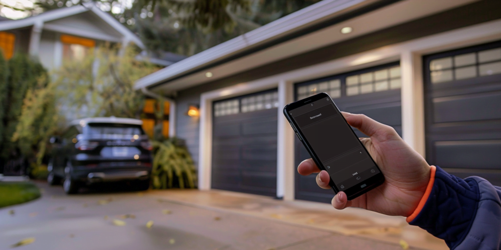 person holding up phone in front of garage