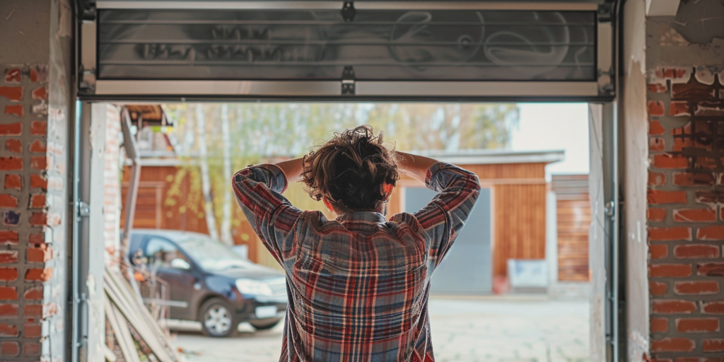 person looking at the garage door stuck in middle